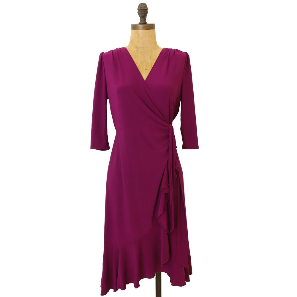 Kiyonna USA Whimsy Tie Wrap Dress S V-Neck 3/4 Sleeve Magenta Purple NEW B20